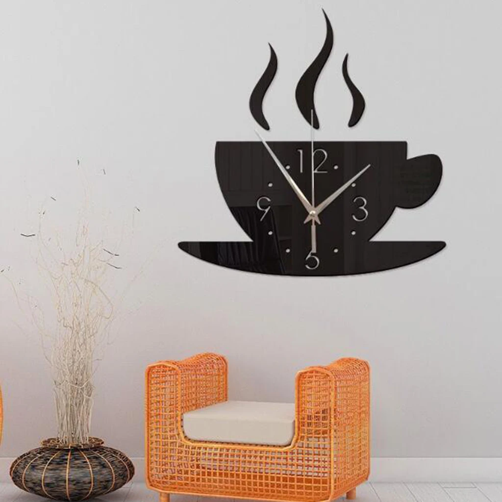 3D DIY Sticker Wall Clock, Mirror Effect Coffee Cup Shaped Large DIY Wall Clock for Living Room Bedroom Office, Easy to Install