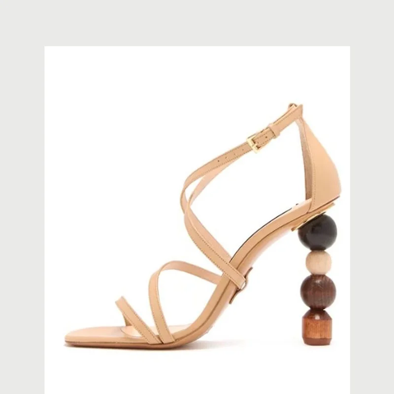 

Strange style heel sandals square toe cross strap hollow summer shoes shallow sheepskin fabric block beaded heel lady footwear