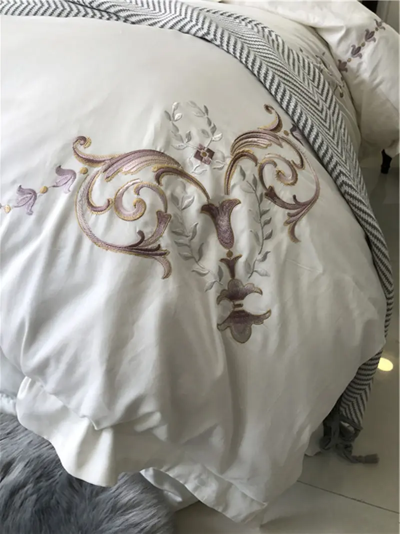 Waliicorners Elegant embroidery Bedlinen Egyptian Cotton flowers Bedding sets queen king size Duvet cover pillowcase Flat Bedsheet 22 IMG_4653