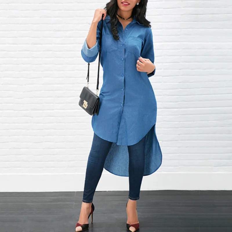 

Women Long Sleeve Button Demin Jeans Bodycon Dress Long Blouse Clubwear Party Shirt
