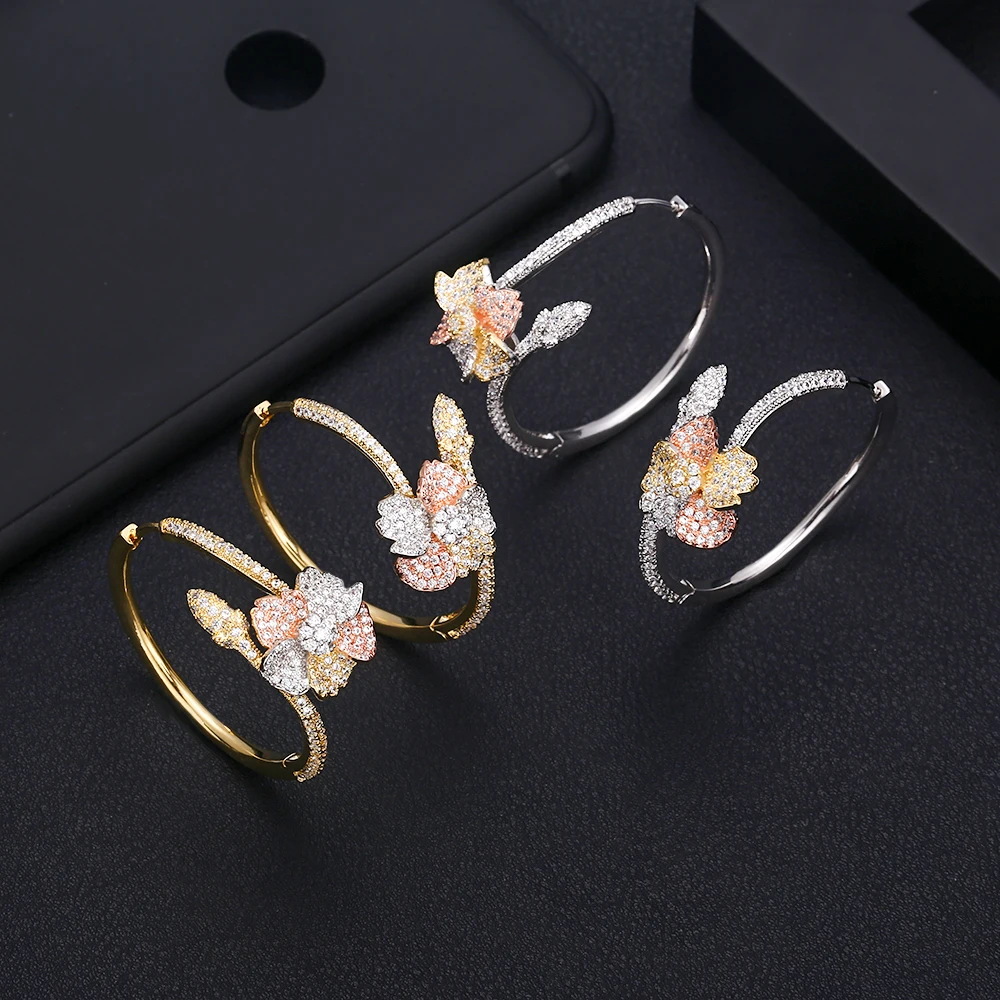 

janeklly trendy Geometric flower Hoop Earrings For Women Accessories Full Cubic Zirconia Earrings Jewelry pendientes mujer moda