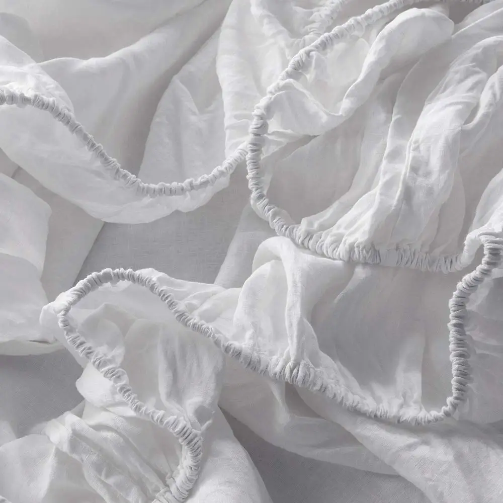 100% Pure Linen Sheet Set With Embroidery Soft White Gray 4pcs Include Flat Sheet Fitted Pillowcase
