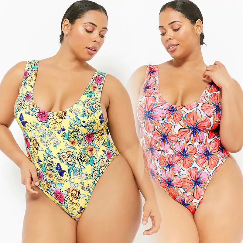 

Women Plus Swimsuit One Piece Suit XL-4XL Big Size Bikini Fat Girl Yellow&Red Flower Print Swimwear