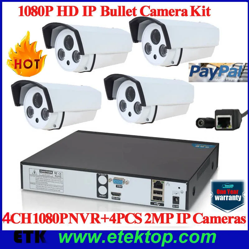 Full HD Outdoor 1080P IP Security Camera System W/ 4CH 1080P HDMI Onvif NVR, 2MP IP Bullet Camera, Smartphone QR Code Scan