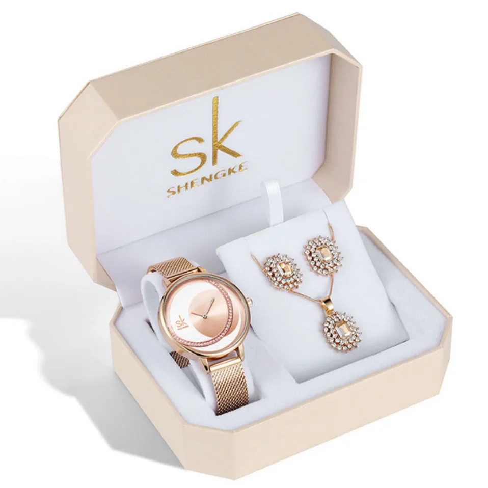 Shengke, часы из розового золота, женский набор, роскошные хрустальные серьги, ожерелье, часы, набор, SK, женские кварцевые часы, подарки для женщин - Цвет: K0088 Rose gold  set