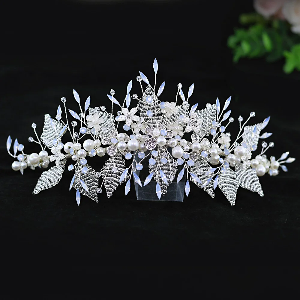 

New Long Flower Leaves Headband Crystal Pearl Tiara Wedding Hair Ornaments Bride Headdress Handmade Bridal Hair Decoration b687