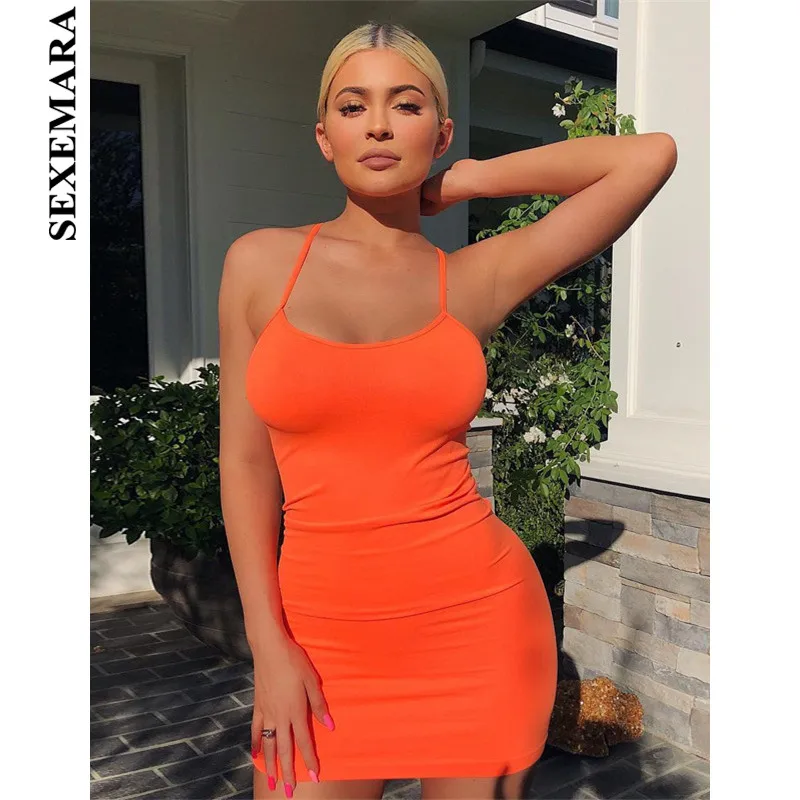 

BOOFEENAA Neon Orange Green Mini Bodycon Dress Women Kyliejenner Casual Sexy Dresses Party Night Club Dress 2019 Summer C70-AZ07