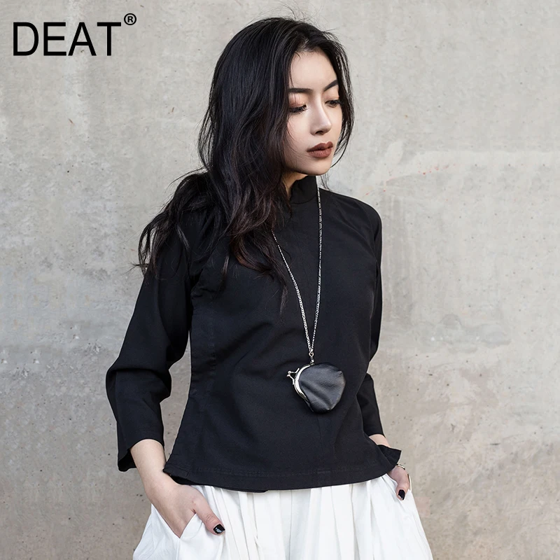 

[DEAT] 2019 New Spring Summer Stand Collar Long Sleeve Black Loose Slanting Threshold Short Jacket Women Coat Fashion Tide JR38