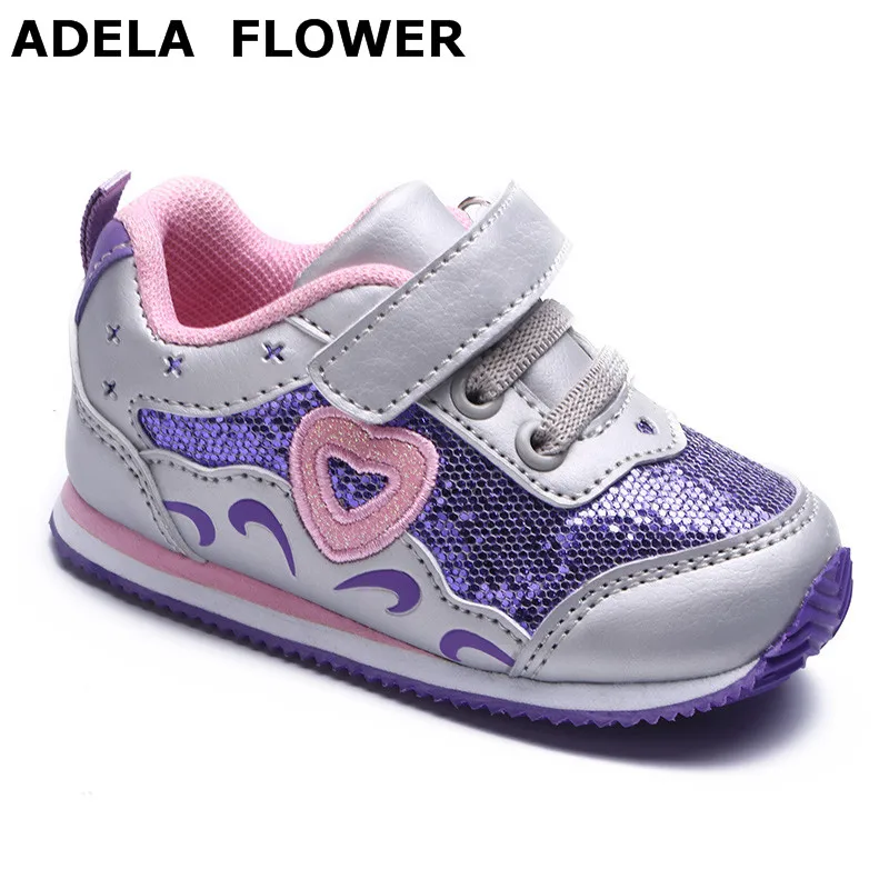 Kids Girls Shoes With Sequins Fashion Sneaker Children Baby Girl Casual Sport Shoes Princess Cute Heart Shaped Soft Shoes 1-3Y