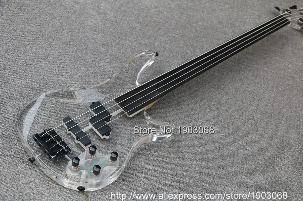 Высокое качество палисандр Fretless бас, 4 струнная электрическая бас гитара прозрачный акриловый корпус и голова, корпус, черная фурнитура