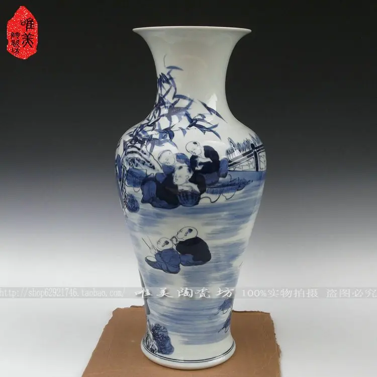 Цзиндэчжэнь керамическая голубая и белая ваза полная зеленая ваза античный синий и белый фарфор