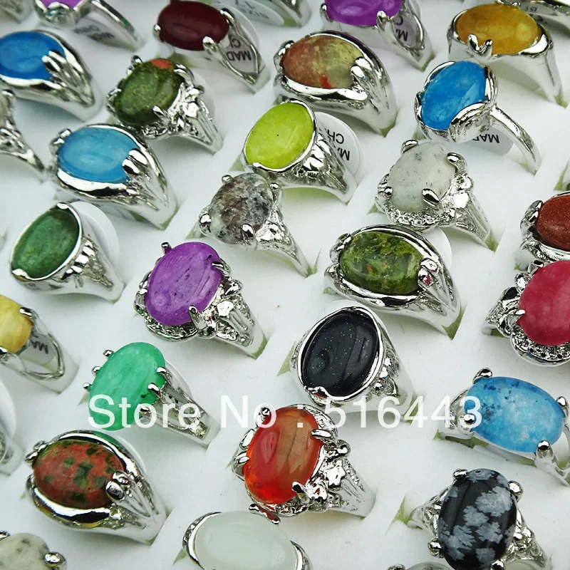 

A-010 50pcs Mix Natural Stones Alloy Silver Plated Fashion Rings Free Shipping Wholesale Jewelry