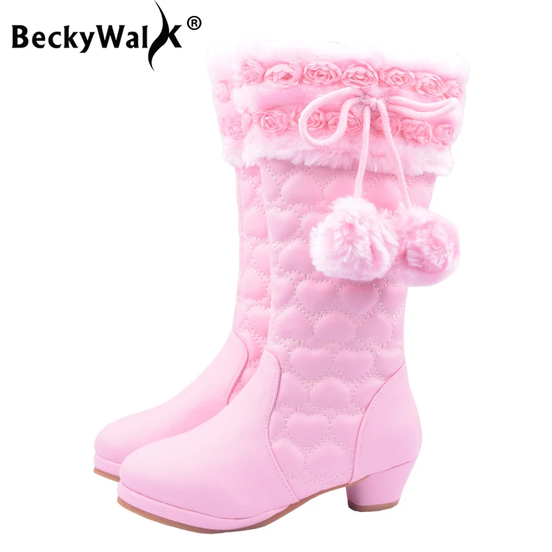 Winter Girls Snow Boots High Heels Pink Princess Boots Kids Girls Shoes
