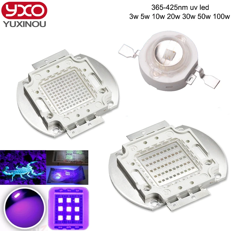 

High Power LED Chip UV Lamp 365nm - 425nm Purple COB Light 3W 5W 10W 20W 30W 50W 100W 200W Ultraviolet 375nm 395nm 400nm