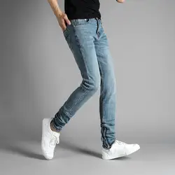 В европейском и американском стиле высокая уличный стиль Для мужчин s джинсы голубой цвет эластичные джинсовые ботильоны на молнии джинсы