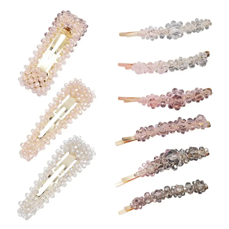 

Korean Shimmer Imitation Crystal Hairpin Ladies Girls Sweet Metal Alloy Geometric BB Hair Clip Handmade Beading Styling Barrette