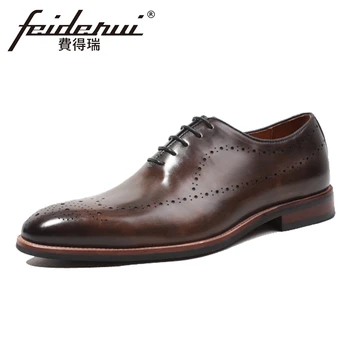 

New Vintage Handmade Genuine Leather Men's Banquet Carved Oxfords Round Toe Man Formal Dress Wedding Breathable Shoes HQS171