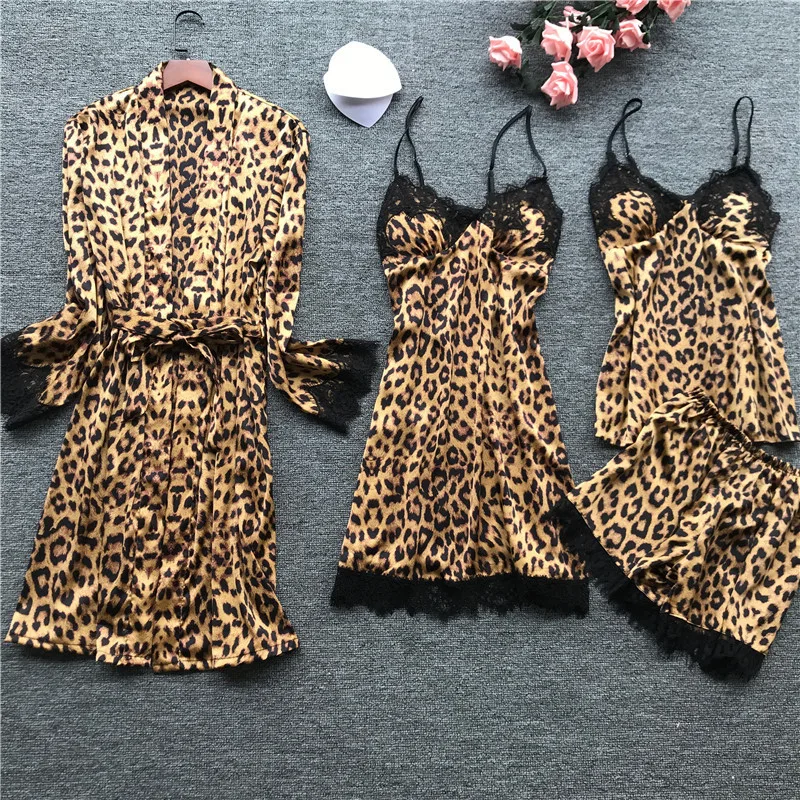 

Sexy Women Sleepwear Pajamas With Chest Pad Leopard Print Nightgown Pyjama Lace Indoor Clothing 4 Piece Pijamas Set Home Clothes