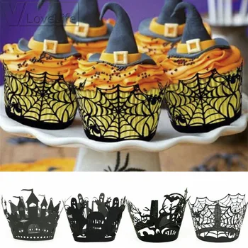 

12PCS/Set Halloween Pumpkin cast lPattern Lace Laser Cut Cupcake Wrapper Liner Baking Cup Muffin For Wedding Birthday Party