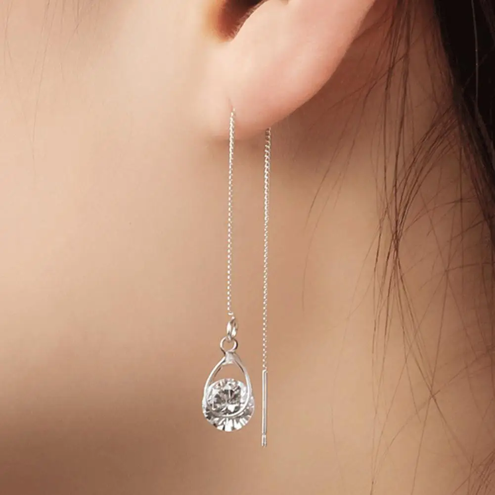 

New Women Fashion Teardrop Cubic Zirconia Threader Long Chain Line Thread Dangle Earrings