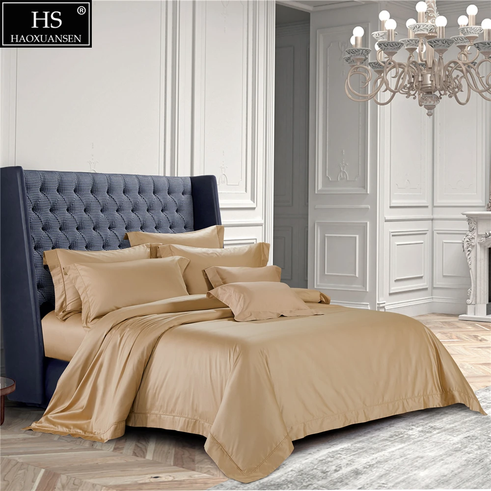 

120S Egyptian Cotton Warm Khaki Luxury Royal Bedding Set 4Pcs King Queen Bed Sheet Set Duvet cover Pillow shams Simple Bright