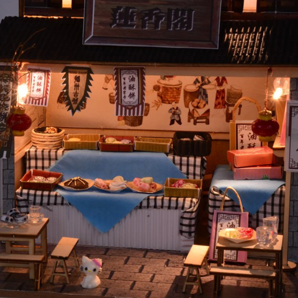 DIY Handcraft Miniature Project Wooden Dolls House Antique Snack Foods Shop Model Dollhouse Furniture LED Lights