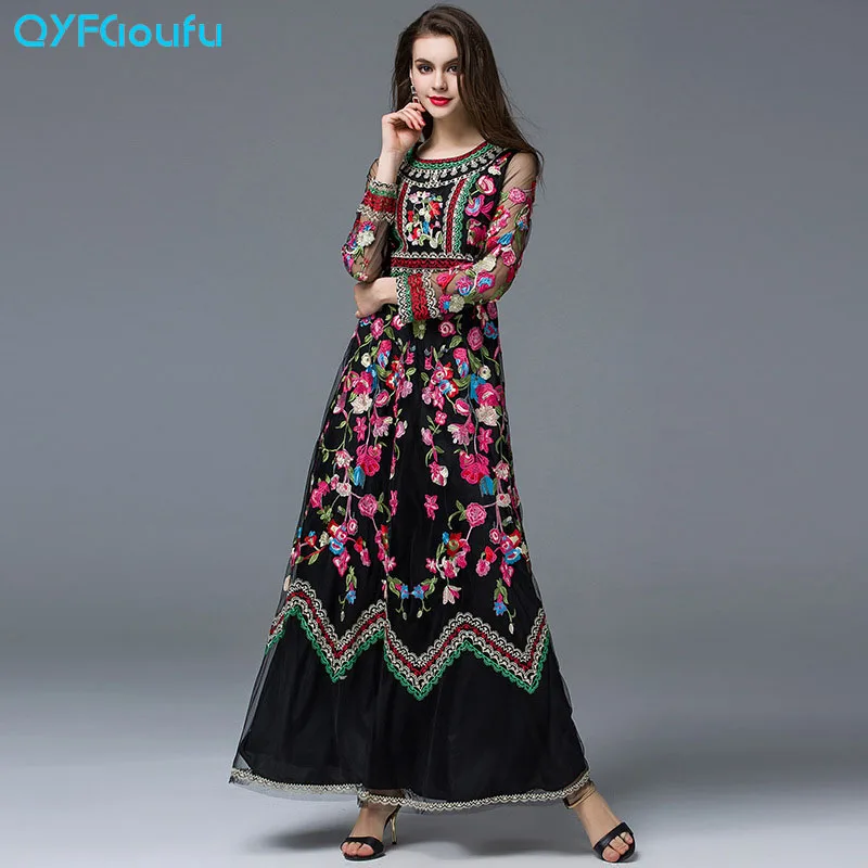 Fashion 2017 Women's Designer Runway Floral Tulle Embroidered Long Sleeve Maxi Dress Black White Vintage Semi Formal Dresses long-floral-maxi : image Fashion 2017 Women's Designer Runway Floral Tulle Embroidered Long Sleeve Maxi Dress Black White Vintage Semi Formal Dresses long-floral-maxi