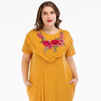 

Big size Women Long Abaya Muslim Dress Dubai abayas Round Neck Rose Applique Caftan islamic dresses Yellow vestidos 3XL 4XL