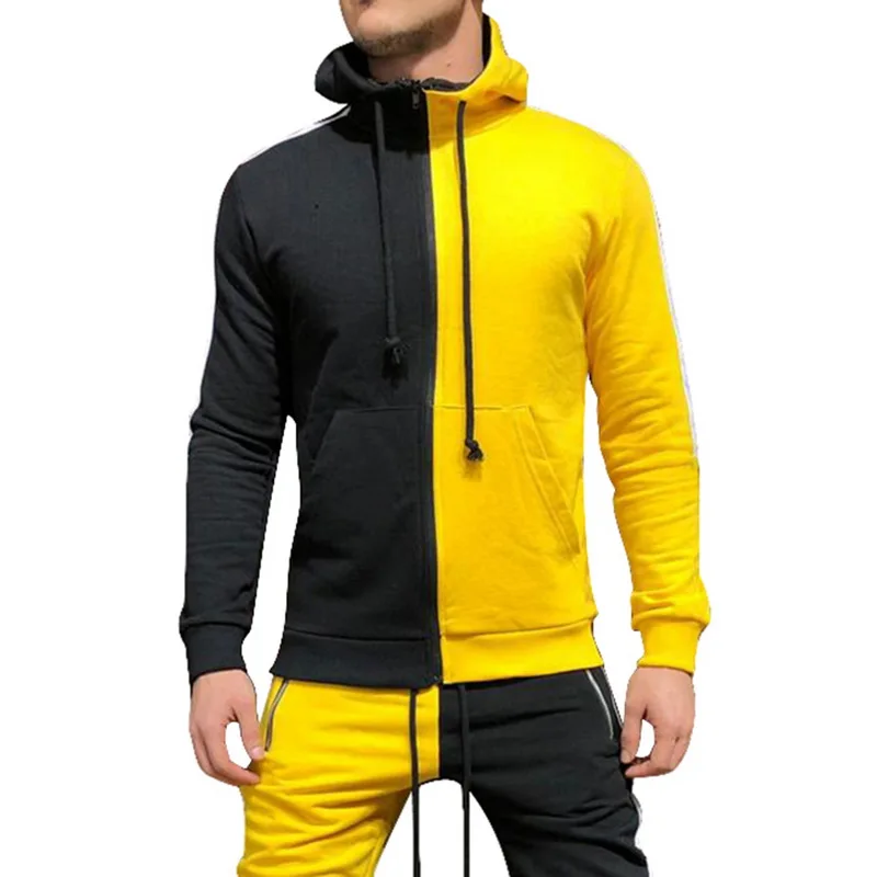 Black-Yellow 2 шт., уличный тренировочный костюм-печворк, мужские толстовки+ толстовка с капюшоном для бега, полосатая футболка Vete, повседневная мужская одежда на шнурке - Цвет: Black-Yellow