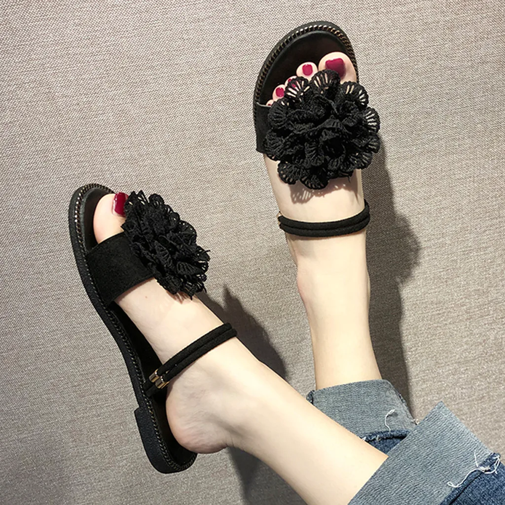 Summer Women's Beach Sandals Shoes Casual Open Toe Flower Flat Slippers ...