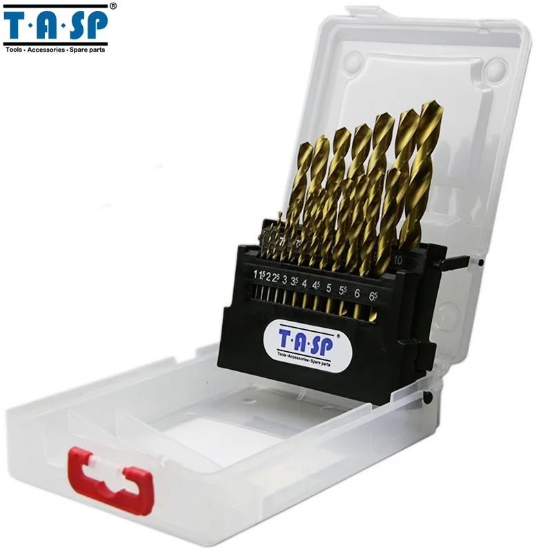 TASP 19PC Titanium Coated HSS Twist Drill Bit Set For Metal Drilling 1 0 10mm Round