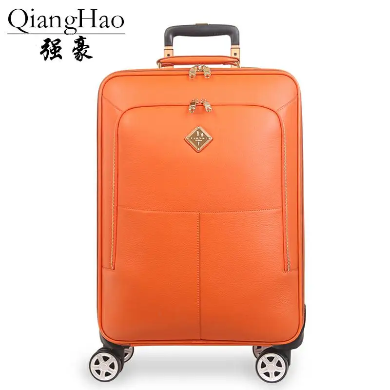 QiangHao бренд 1" 20" дюймов для мужчин натуральная коровья кожа винтажный чемодан ручной клади кабина дорожные сумки на колесиках - Цвет: orange