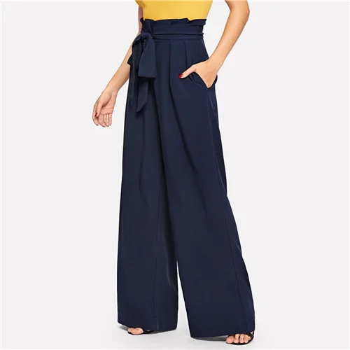 Sheinside темно-синие женские брюки с поясом и широкими штанинами, весна, плиссированные брюки-макси с высокой талией, повседневные однотонные брюки с карманами - Цвет: Navy