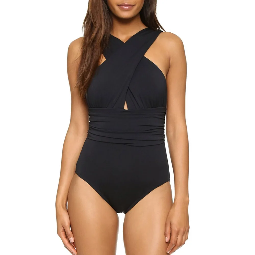 

Black Red Sexy Cross Halter women swimwear one piece swimsuit Black red Solid women bathing suits Beach Wear Swim 2018