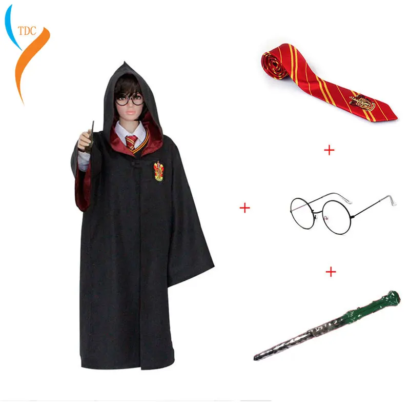 

2019 Kids Adult Gryffindor Robe Magic Ravenclaw Hufflepuff Slytherin Cloak Tie Scarf Wand School Robe For Harris Potter Cosplay