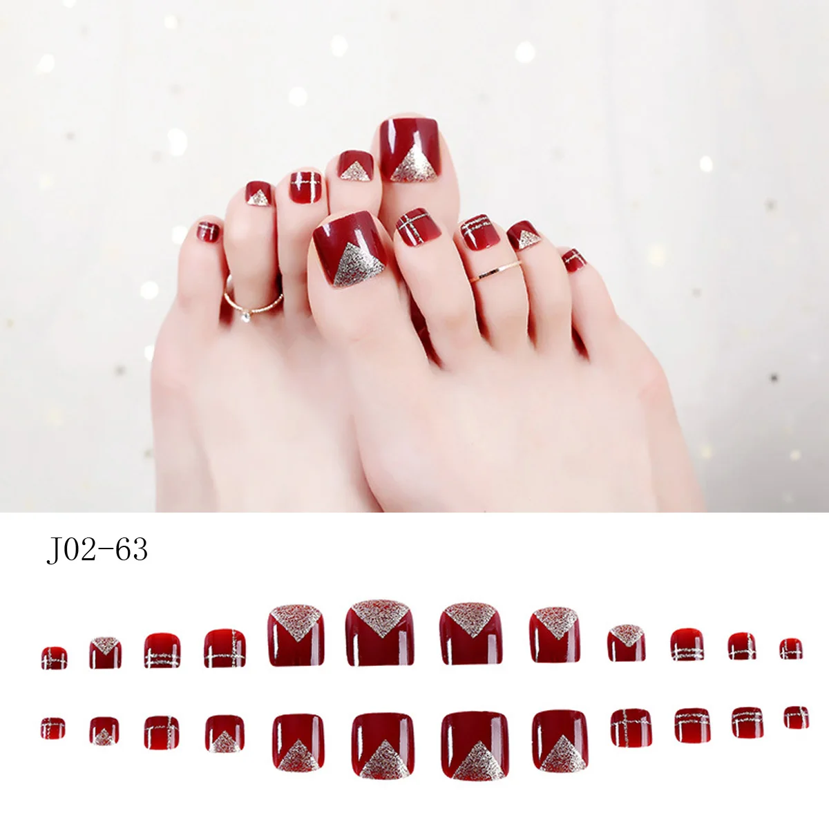 24 шт роскошный полный поддельный носок для ногтей горный хрусталь накладные ногти завершение маникюра флэш-дрель винно-красный дизайн ногтей для лета босиком - Цвет: J102-63.