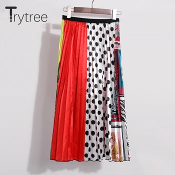 

Trytree Summer Autumn Pleated Skirt Womens Dot Patchwork Skirt Mid-Calf Elastic Waist Skirts A-Line High Street Skirt Female