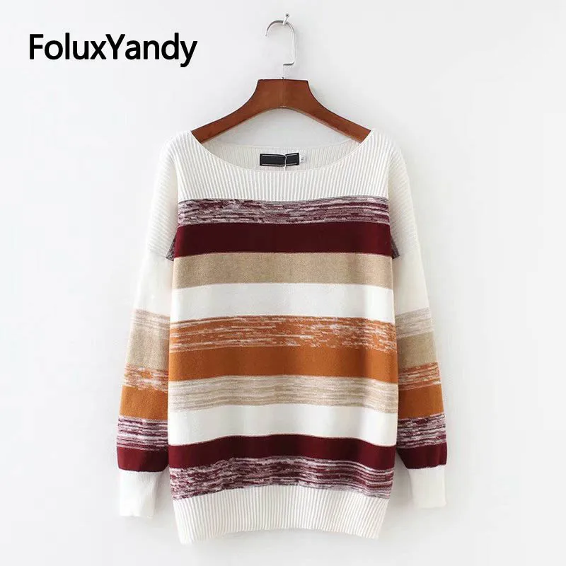 Plus Size Sweater Women Casual Loose Knitted Pullover Long Sleeve Spring Autumn Striped Sweaters SWM1207