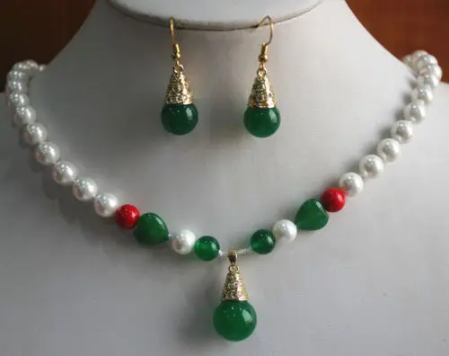

huij 004033 Charming 8mm Mixed Color Shell Pear/Jade Necklace Green Earring Jewelry Set