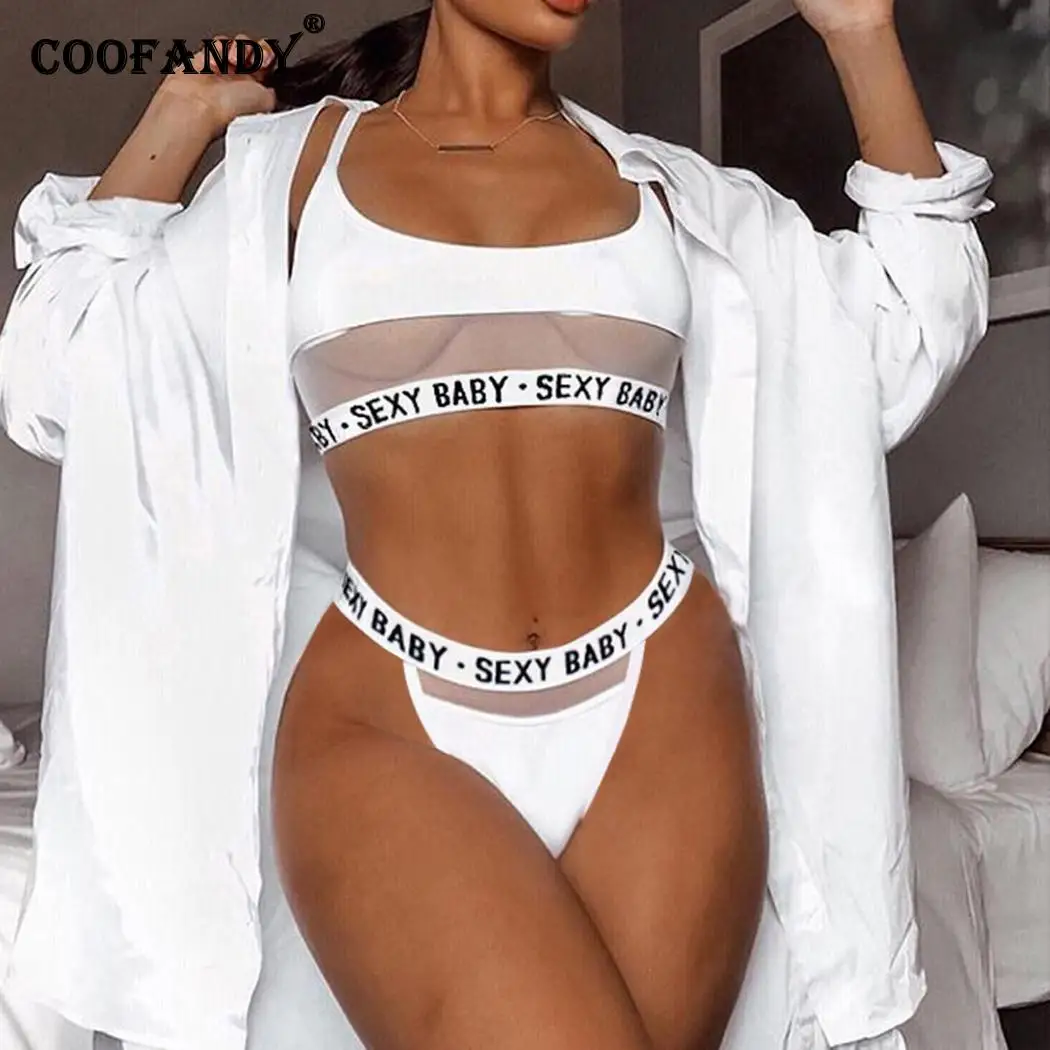 

Women Round Neck Adjustable Spaghetti Strap Letter Summer Fashion Nightwear Mesh Patchwork Bra Set