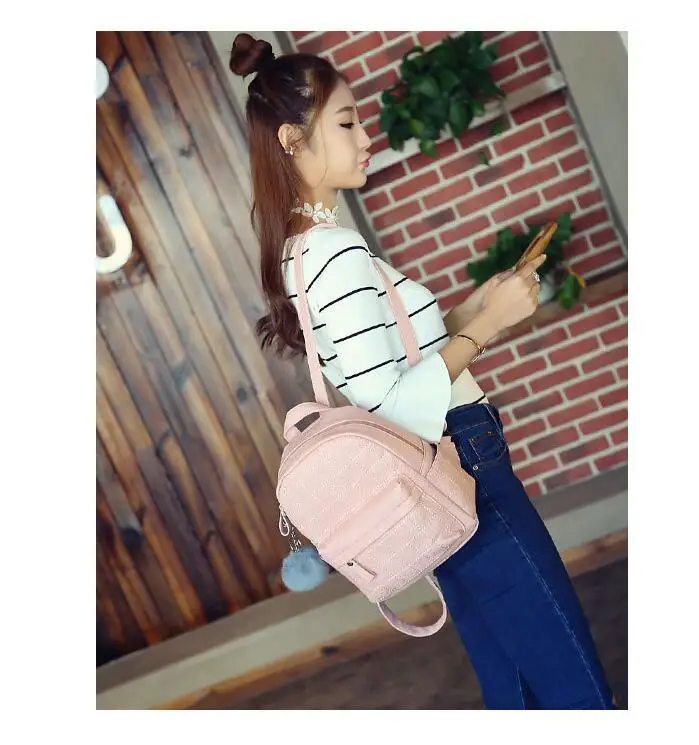 Розовый женский рюкзак с меховым шариком, украшение, школьная сумка из искусственной кожи, сумка клетчатая, повседневная, свежая, Подростковая сумка для девочек, Mochila LB306