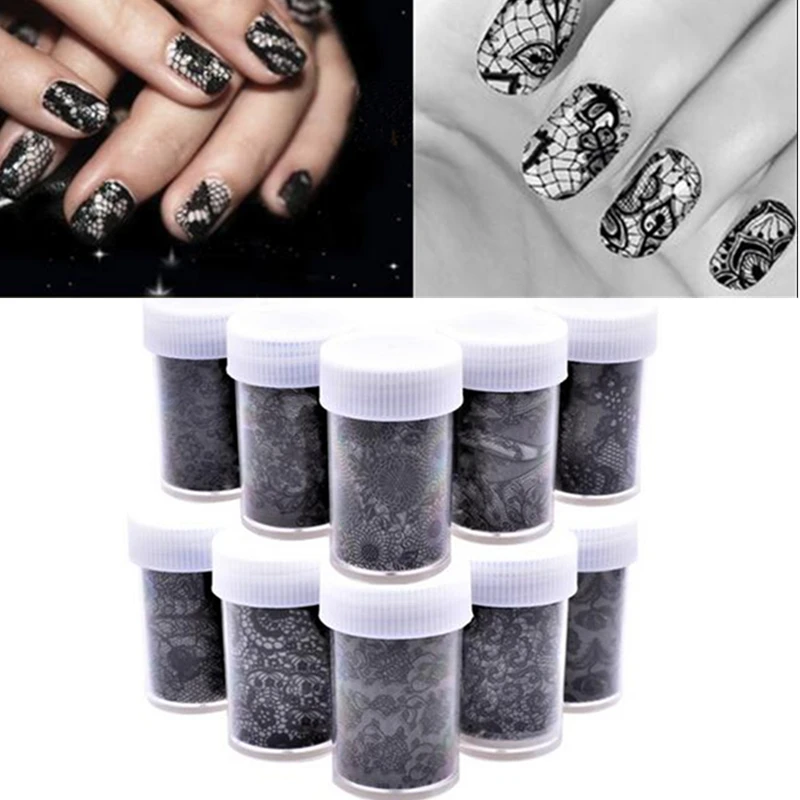 

10 Rolls 100cm*4cm Black Lace Flower Transfer Foil Nail Art Sexy Design Sticker Paper Decoration Decal Polish Care DIY Manicure