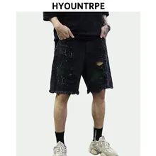 Для мужчин модные уничтожить с разорванными дырами Джинсовые шорты с принтом «граффити»; уличная одежда в стиле «хип-хоп», Короткие штаны новые летние свободные шорты с застежкой "молния"