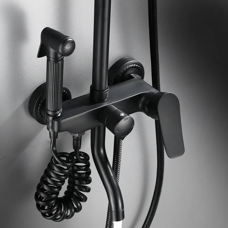 quyanre wanfan gappo black shower faucet kit with commodity shelf bidet swivel tub spout 3-way mixer tap bath shower faucet4