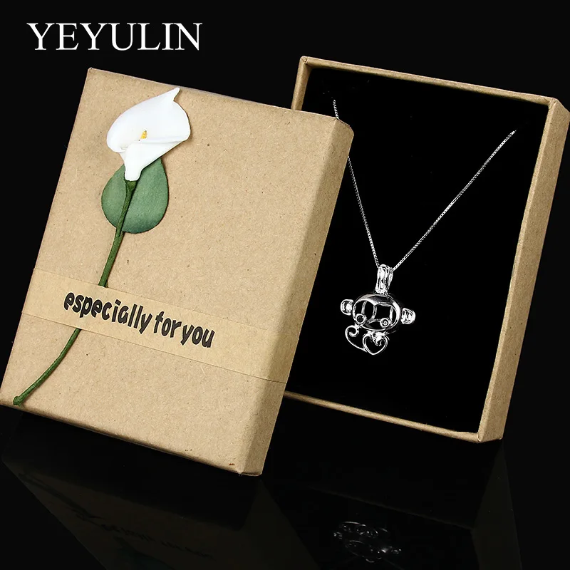 

925 Sterling Silver Monkey Pearl Cages Pendant Necklace Women Girls Fashion Jewelry Gift Essential Oil Diffuser Jewelry With Box