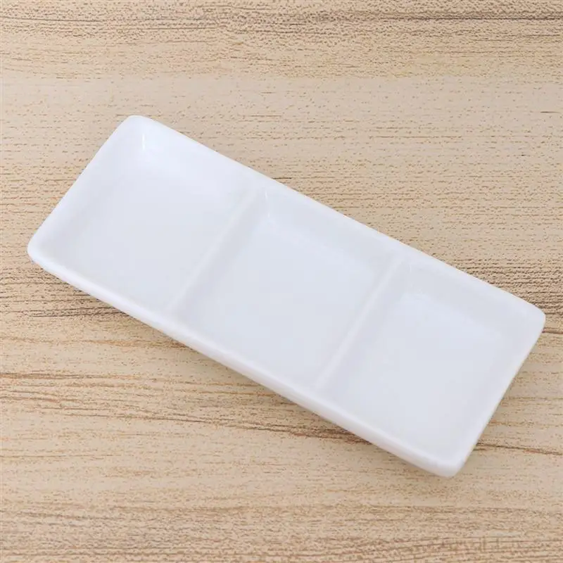 6 / 8.5 Inch Pure White Ceramic 3-Compartment Appetizer Serving Tray Rectangular Divided Sauce Dishes for Spice Dish Soy Sauce