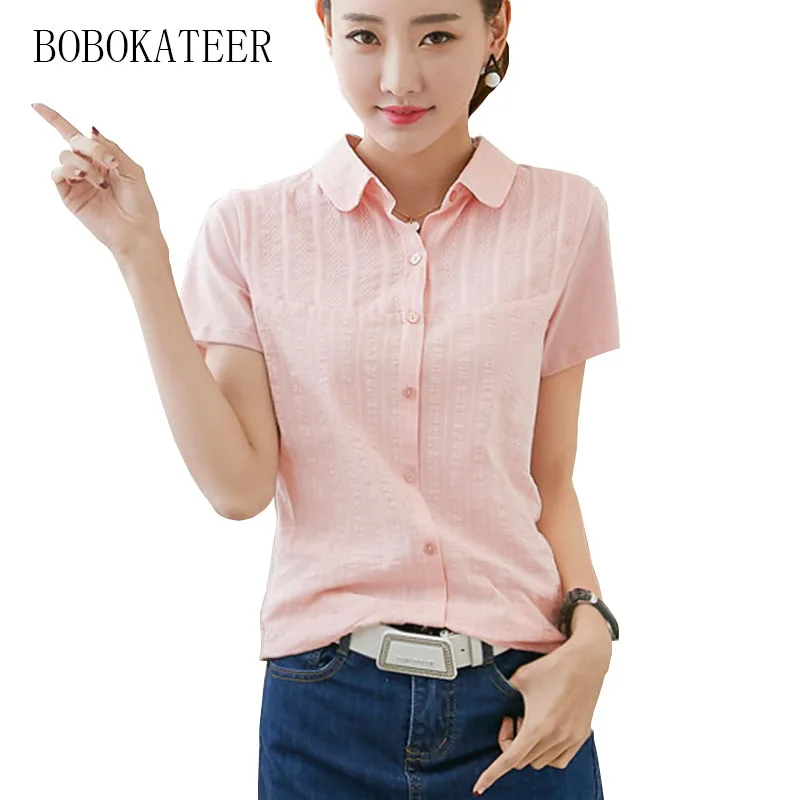 

BOBOKATEER plus size white striped embroidery shirt summer loose short sleeve v-neck top women tops blusas feminina ver o 2019