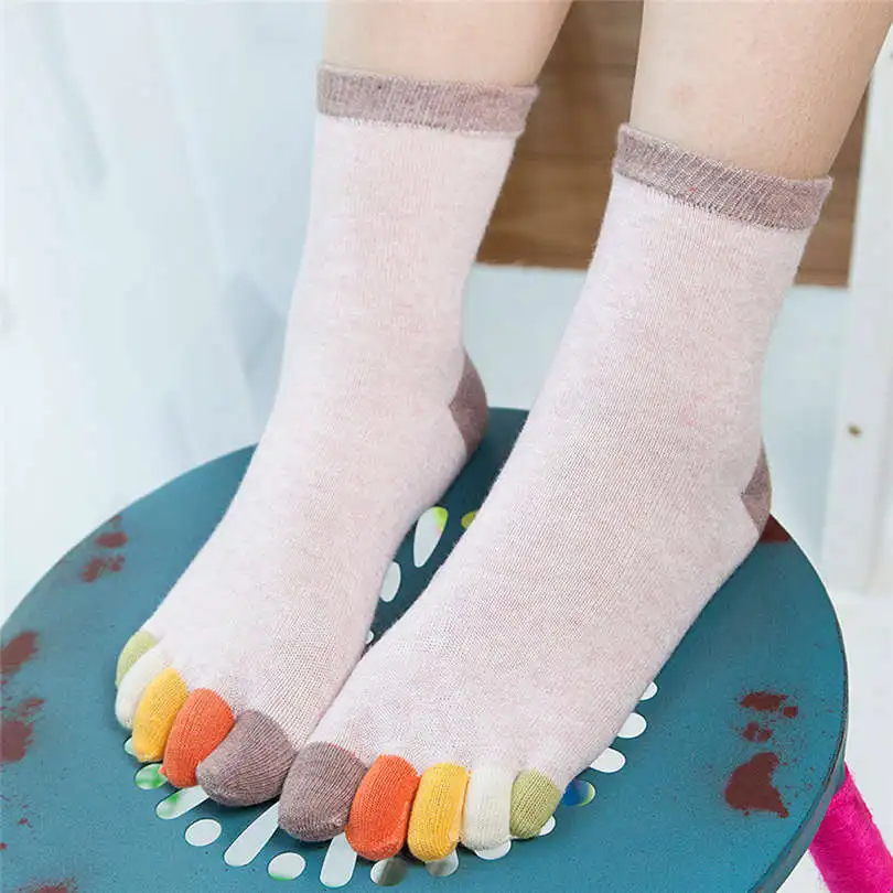 New Fashion Winter Women Girls Casual Daily Print Multicolor Mid Tube Toe Socks Five Finger Sock Cotton  Socks #4F03 (6)