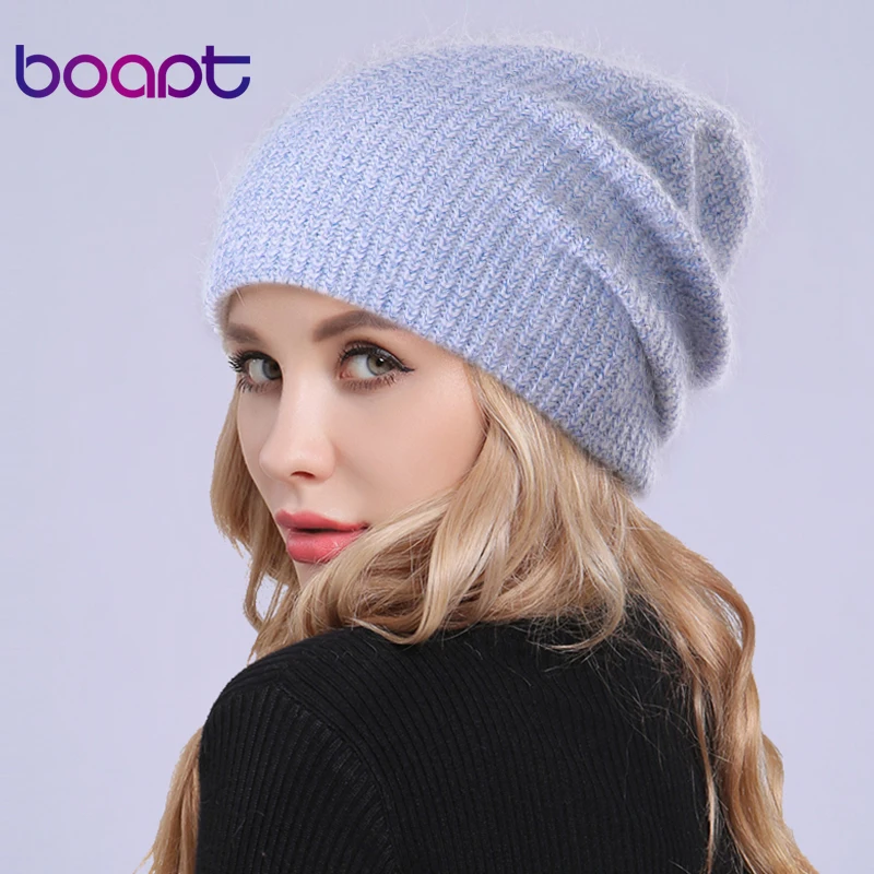 

[boapt] Gold Line Double layer Rabbit Knitted Thick Lady Bonnet Warm Winter Hats For Women's Caps Skullies Beanies Female Hat