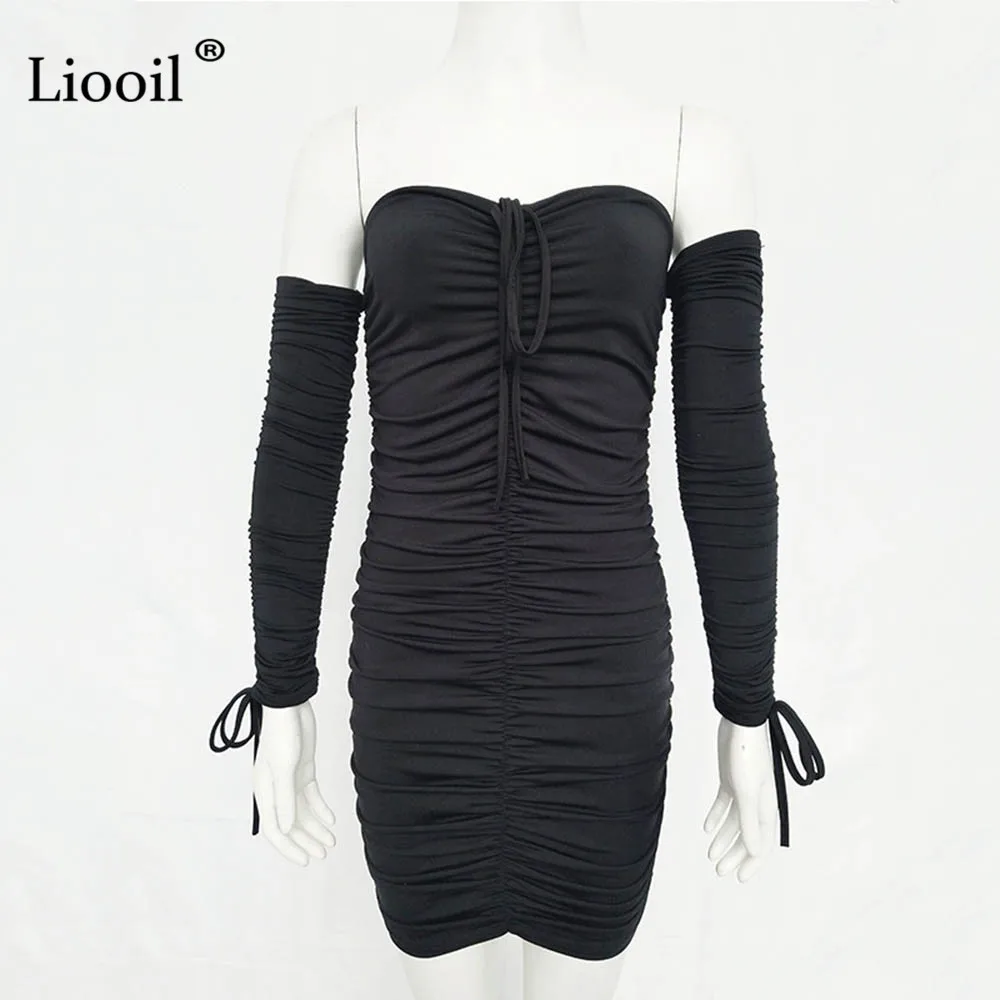 Liooil, сексуальное облегающее платье, женская одежда, осень, платье с открытыми плечами, с длинным рукавом, облегающее, без бретелек, вечерние, драпированные, мини-платья